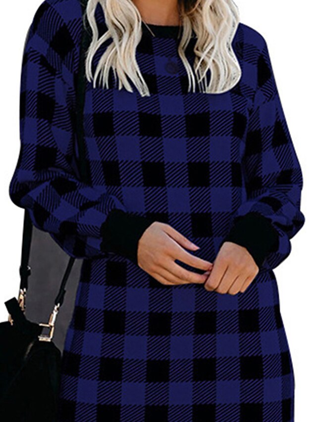 Women's Casual Dress Plaid Dress Plain Dress Mini Dress Patchwork Home Holiday Date Active Fashion Crew Neck Long Sleeve 2023 Loose Fit Royal Blue Color M L XL XXL 3XL Size