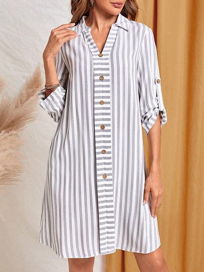 Women's Casual Dress Shift Dress Print Dress Stripe Button Print Shirt Collar Mini Dress Active Fashion Outdoor Street Half Sleeve Loose Fit White Fall Winter S M L XL XXL