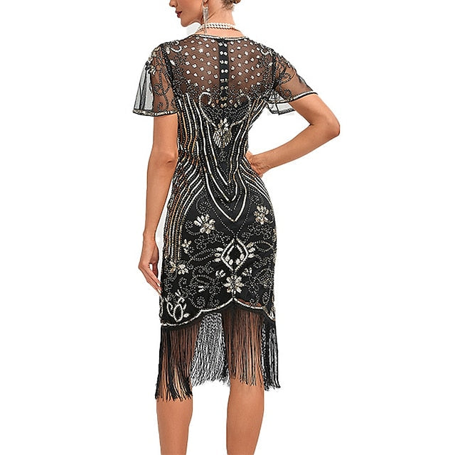 Women's Retro 1920s Fringe Dress Midi Dress Party Holiday Sequins Tassel Fringe Floral Crewneck Short Sleeve Regular Fit Spring Fall  Silver Black S M L XL