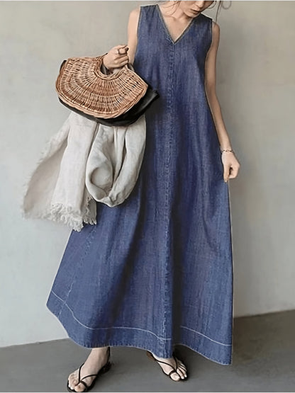 vmtvr - Literary Denim Tie Back V-Neck Long Dress