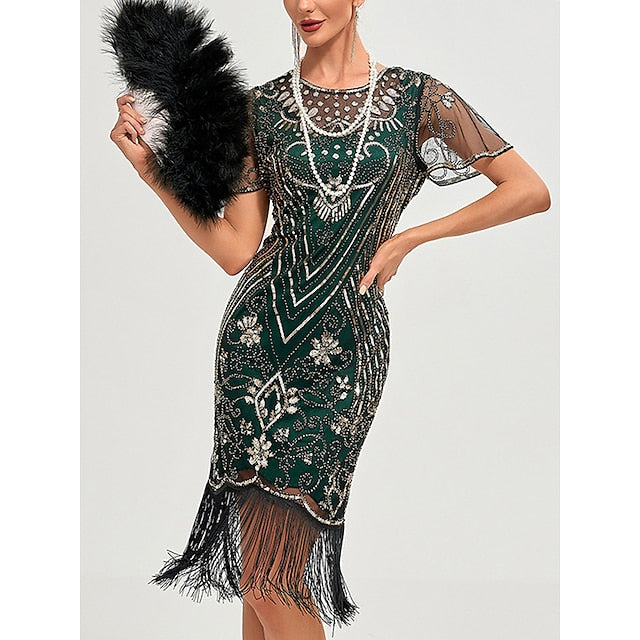 Women's Retro 1920s Fringe Dress Midi Dress Party Holiday Sequins Tassel Fringe Floral Crewneck Short Sleeve Regular Fit Spring Fall  Silver Black S M L XL