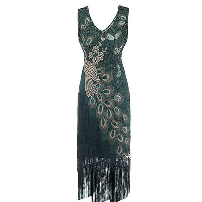 Women's Retro 1920s Fringe Dress Midi Dress Party Holiday Sequins Tassel Fringe Animal V Neck Sleeveless Regular Fit Spring Fall  Black Red S M L XL