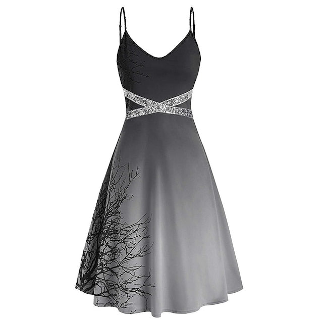 Women‘s Halloween Dress Retro 1950s Vintage Dress Midi Dress Holiday Sequins Backless Tree Spaghetti Strap Sleeveless Regular Fit Spring Fall  Dark Gray Gray M L XL XXL