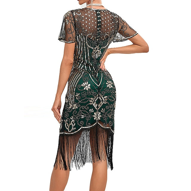 Women's Retro 1920s Fringe Dress Midi Dress Party Holiday Sequins Tassel Fringe Floral Crewneck Short Sleeve Regular Fit Spring Fall  Silver Black S M L XL