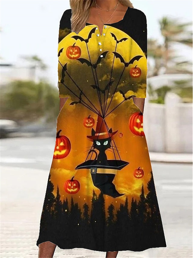 Women‘s Halloween Dress Casual Dress Print Dress Spring Dress Graphic Button Pocket Crew Neck Midi Dress Fashion Streetwear Outdoor Daily Long Sleeve Regular Fit Light Yellow Black Yellow