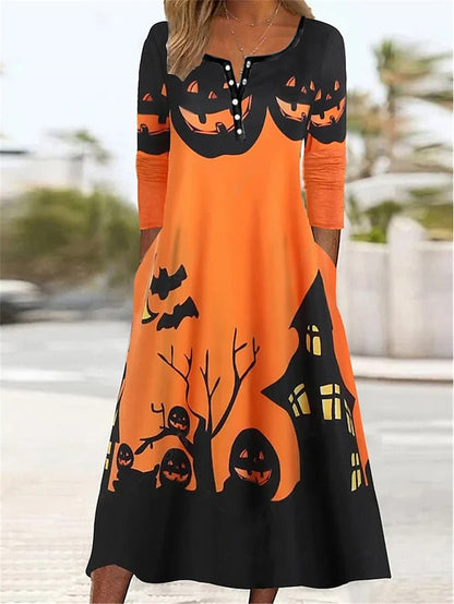 Women‘s Halloween Dress Casual Dress Print Dress Spring Dress Graphic Button Pocket Crew Neck Midi Dress Fashion Streetwear Outdoor Daily Long Sleeve Regular Fit Light Yellow Black Yellow