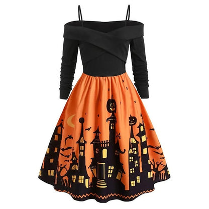 Women‘s Halloween Dress Retro 1950s Vintage Dress Midi Dress Party Ruched Ruffle Pumpkin Spaghetti Strap Long Sleeve Regular Fit Fall Winter  Black Red S M L XL