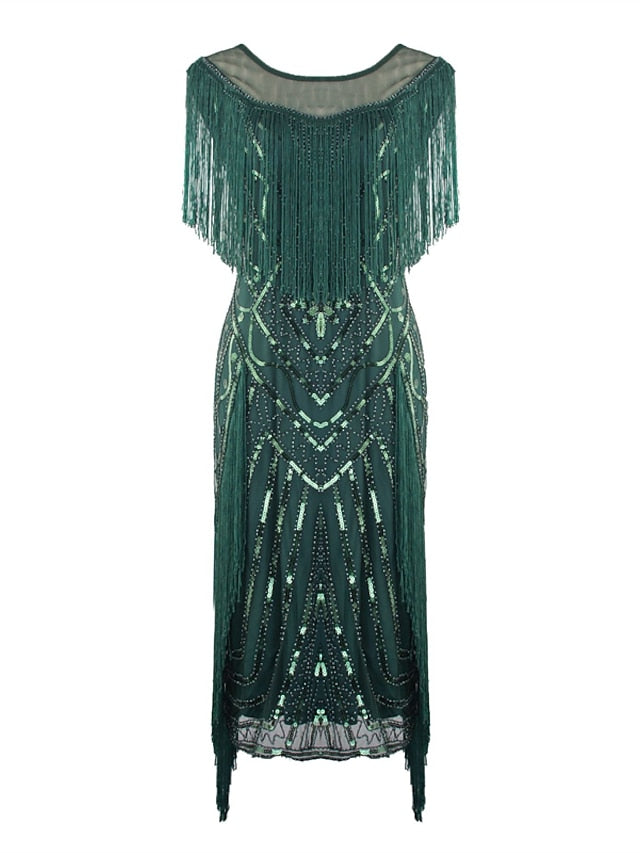 Women‘s Halloween Dress Party Dress Fringe Dress Sequin Dress Midi Dress Green Black Gold Short Sleeve Striped Sequins Spring Fall Crew Neck 1920s Party  Style M L XL XXL 3XL