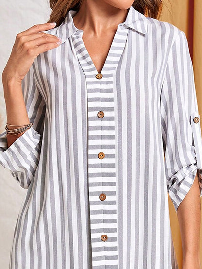 Women's Casual Dress Shift Dress Print Dress Stripe Button Print Shirt Collar Mini Dress Active Fashion Outdoor Street Half Sleeve Loose Fit White Fall Winter S M L XL XXL