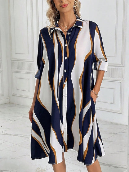 Women's Casual Dress Shift Dress Print Dress Stripe Button Pocket Shirt Collar Midi Dress Active Fashion Outdoor Street Half Sleeve Loose Fit Blue Fall Winter S M L XL XXL