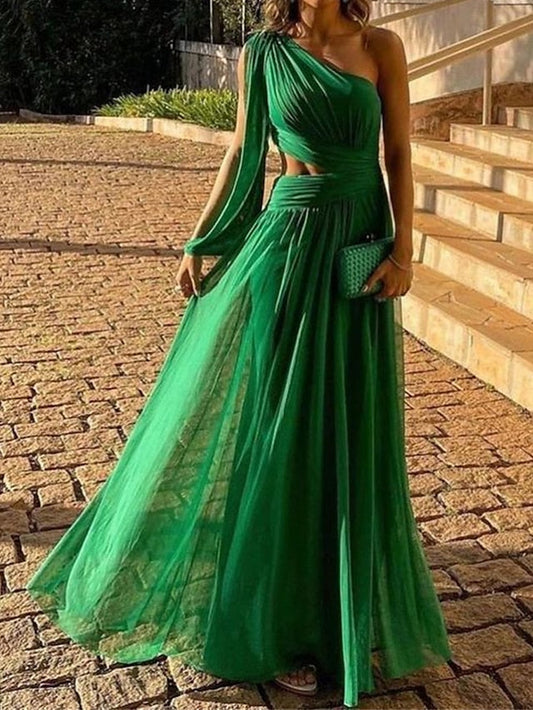 Women's Prom Dress Party Dress Cut Out Dress Long Dress Maxi Dress Green Long Sleeve Pure Color Backless Spring Fall Winter One Shoulder Fashion Birthday Evening Party Wedding Guest  S M L XL